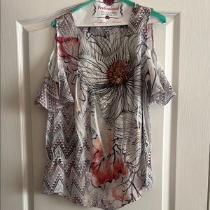 Cato White and Pink Short Sleeve Cut Out Blouse